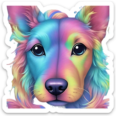 Multicolored rainbow retro groovy tie dye hippie trippy floral patterns on a metallic holographic iridescent blue dog face head unicorn sticker