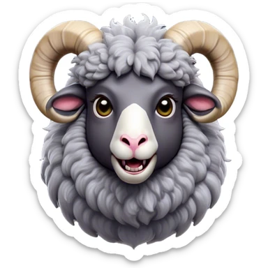 Cinematic Comical Ram Portrait Emoji, Head tilted dramatically with an exaggeratedly amused expression, featuring a striking woolly grey fur with impressively curled horns, wide, expressive dark eyes filled with playful disbelief, Simplified yet hilariously expressive features, highly detailed, glowing with a slightly sassy glow, high shine, dramatic yet playful, stylized with an air of cheeky mischief, bright and endearing, soft glowing outline, capturing the essence of a spirited and over-the-top ram, so meme-worthy it feels like it could butt its way into internet fame instantly! sticker