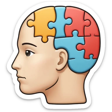 Minimalistic flat vector icon, iOS style, thin black contour on white background. Human head profile with a brain inside, split into puzzle pieces. No text, no shadows. sticker