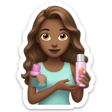 brown-haired girl holding cosmetic products in her hands sticker