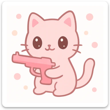 cute pink cat holding a pink gun, soft colors, big eyes, playful expression sticker