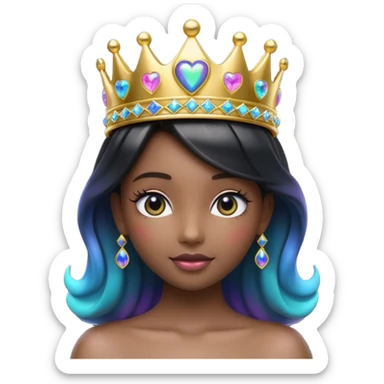 3D rendering, glossy black heart emoji icon, wearing hyperrealism 10k Gold sparkling tiara princess crown covered in black opal that has a futuristic multicolor Shimmer, clean lines on a transparent background sticker