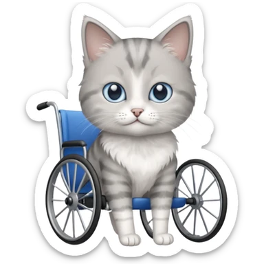 disabled grey and white small cat using a wheelchair made for cats sticker