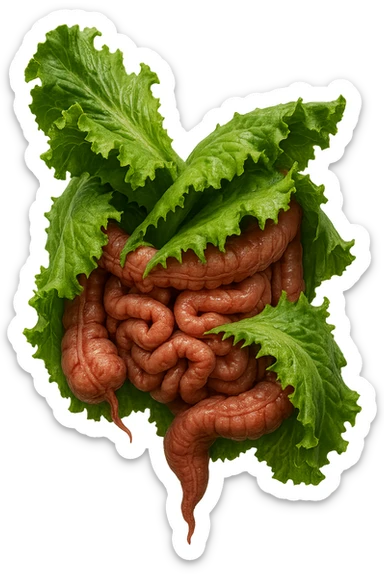 foglie di insalata che attaccano un intestino anatomico umano per distruggerlo, IPERREALISTICO 4K sticker