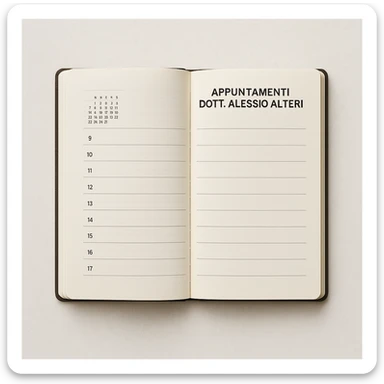 realistic open agenda with visible calendar and the text 'Appuntamenti Dott. Alessio Alteri' prominently displayed, orderly composition, light background sticker