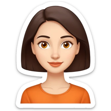 Warm enthusiastic woman with light skin, oval face, soft defined features, large expressive brown eyes, medium arched eyebrows, small nose, medium lips with relaxed smile, long dark brown hair, wearing an orange blouse sticker