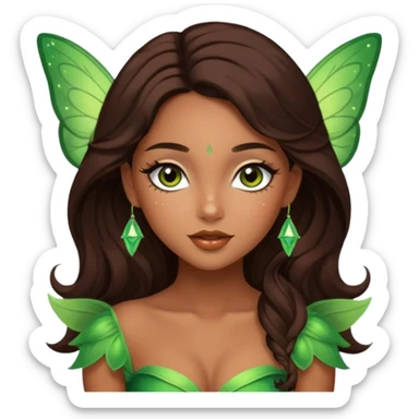 Pretty girl with caramel skin. Dark brown hair and brown eyes. She has freckles. Wearing sexy makeup. Wearing a green fairy costume and heels sticker