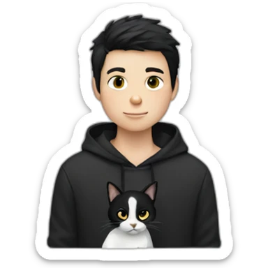 black haired and white skin boy who wears hoodie holds a black cat sticker