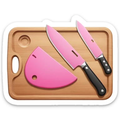 a cutting board with pink knife sticker