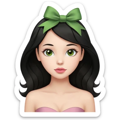 The woman has long black hair with green ribbon bows, light brown eyes, fair skin, and a heart-shaped face. She wears soft makeup, a muted rose lip, and a strapless olive green top. sticker