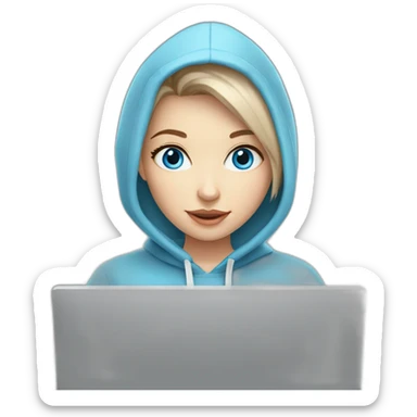 beautiful girl with computer,blue eyes,beautiful girl with short hair with computer,blue eyes,white skin, makeup, hoodie,short light-brown hair,code in background sticker