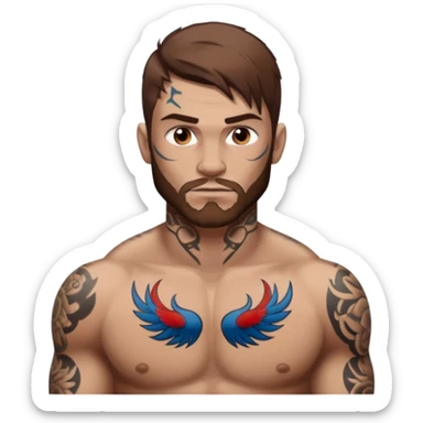 tattoo man, fair white skintone,brown hair, tattoos on face, more visible, bulky man with tattos on his chest, heavy tattooos. sticker