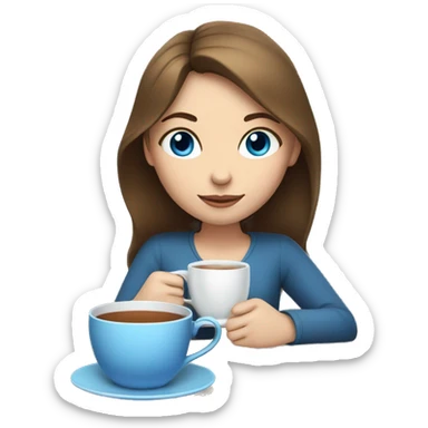 Girl with white skin, brown hair, and blue eyes sipping tea sticker