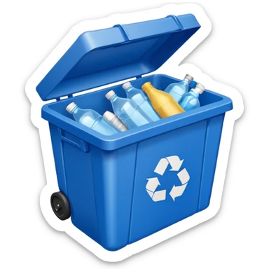 blue recycling bin with lid closed sticker