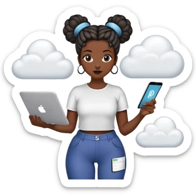 Gender: Female Hair: Space buns with SQL query hairpins Face: Dark circles from 72hr data validation Clothes: Stretchy pants with "Go-Live Survivor" slogan Action: Dragging legacy data into cloud migration funnel sticker