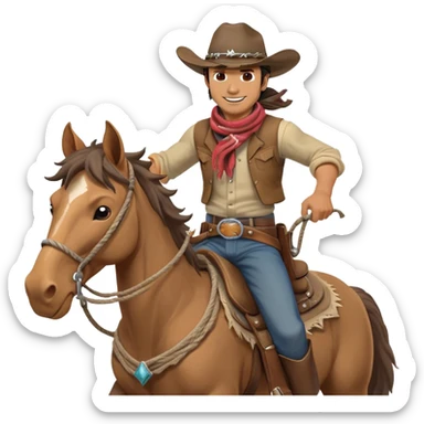 clash-of-clans-aesthetic_-cinematic-playful-cowboy-portrait-emoji, head-tilted with a roguish, cheeky grin and twinkling eyes, featuring a rugged, spirited build with a wide-brimmed cowboy hat and a weathered bandana on tan skin, riding a powerful galloping horse with dynamic flowing mane, reins gripped firmly in one hand and a lasso in the other, as dust swirls behind them in a vast desert landscape. sticker