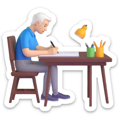 white man writing at a table sticker