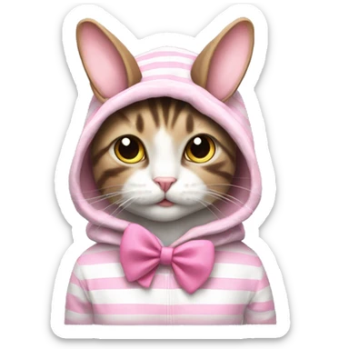striped cat IN a BUNNY HOODIE with pink bow tie sticker