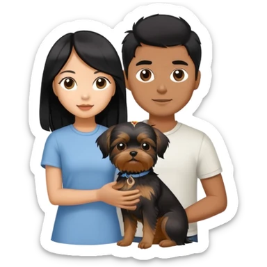 A beautiful Asian girl with long black hair is holding a small Yorkshire Terrier. She is standing next to her brown skinned boyfriend, who is holding a Shih Tzu. They are each holding one dog each sticker