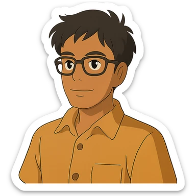 ghibli style tan skin man with square glasses sticker