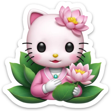 hello kitty with her eyes closed and a lotus flower in her hands  sticker