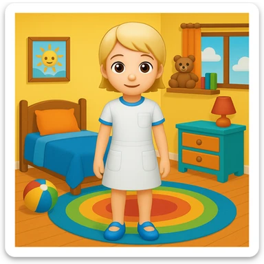 Add a colorful bedroom background with bright walls, playful decorations, and a cozy rug. Keep the room tidy and inviting in emoji style sticker