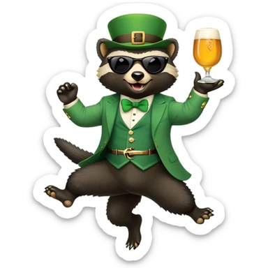 friendly anthropomorphised honey badger in a classic leprechaun suit with shamrock accessories, wearing sunglasses, jumping, St. Patrick's Day, no beer sticker