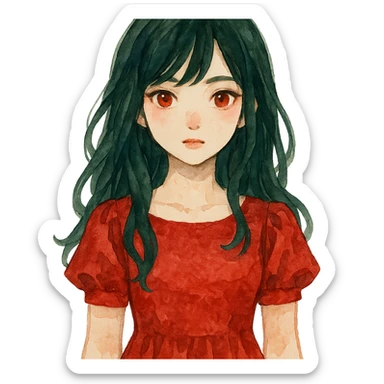 watercolor style girl with dark green hair, red eyes, and a red dress sticker
