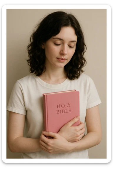 Pale-skinned woman with wavy brunette hair, white t-shirt, holding a pink Bible, gentle and calm pose, simple background sticker