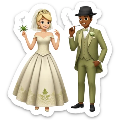 Full body view of person in fancy clothes sneaking into a wedding ceremony with a mischievous grin, uninvited guest, smoking cannabis sticker
