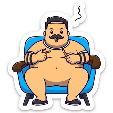 Overweight man sitting back in chair with legs spread, holding cigarette, exposed belly, round face, very short black hair (not bald), short beard with mustache, black t-shirt with light stripes on top, black shorts, arms covered in black line tattoo patterns on forearms and shoulders sticker