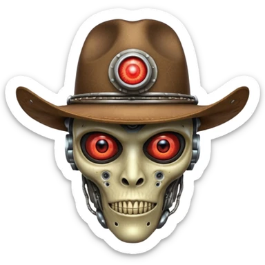 Close-up portrait of a biomechanical alien cowboy, half organic half robotic face, metallic textures blending with alien skin, glowing red eye, futuristic cowboy hat, moody lighting, ultra realistic detail, cyber-western style
 sticker