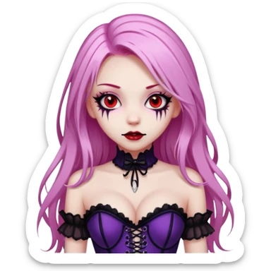 pretty scary girl, long straight LIGHT pink HAIR,SCARY RED eyes, black eyeliner, pale skin, purple corset clothes with laces sticker