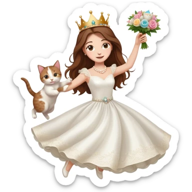 White woman - long hair - white wedding dress - holding a kitten - happy - jumping - stylish - elegant - bouquet - dreamy - colorful - wearing a crown - pearl accessories sticker