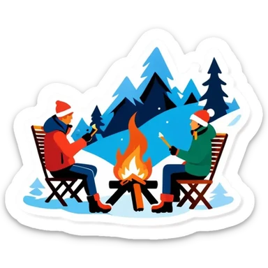 Drei Personen, Lagerfeuer in schneebedeckten Wald mit Nordlichtern am Himmel sticker
