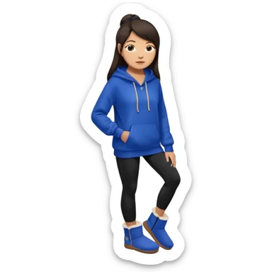 A pretty white/asian tanned girl with medium long strait dark brown almost black hair wearing a royal blue hoodie and black leggings pretty tan with Ugg slippers sticker