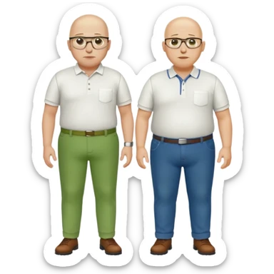 two guys, the first guy is white bald have glases a white dressshirt with rolled up sleeves and green pants he is over weight, The second guy has a yellow skin tone white golf shirt blue jeans and bald they should stand next to eachother sticker
