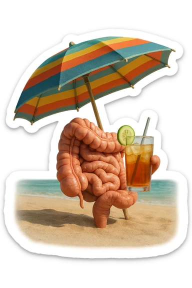 INTESTINO SEDUTO IN SPIAGGIA SOTTO L'OMBRELLONE MENTRE BEVE THè FREDDO CON CETRIOLO
IPERREALISTICO 4K sticker