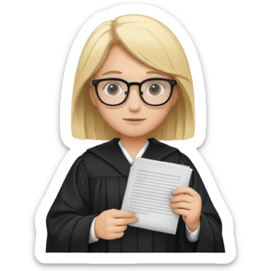 Young judge, blonde hair with glasses and robe, hold a paper sticker