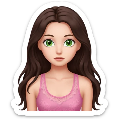 super long haired brunette with middle part cute pink lacy tank white but tan green eyes hairflup sticker