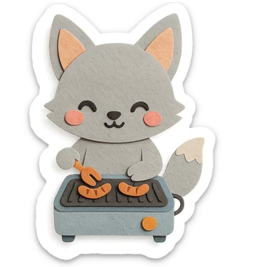 kawaii electric grill fox cooking tiny sausages, blushing, pastel grey, full-body sticker