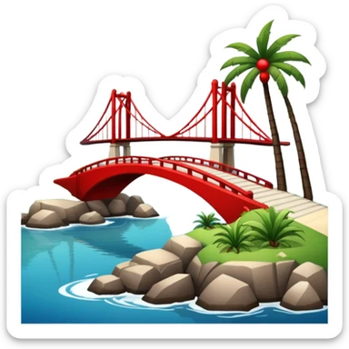 advanced modern island with advanced infrastructure, parks, contemporary architecture, beaches with palm trees, and with a red bridge on one side sticker
