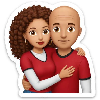 A picture of a tanned couple embracing. the guy is Mexican, with a bald hair cut and he is wearing a red shirt. the girl is mixed, the girl is wearing a black shirt, the girl has brown curly big hair and with big boobs  sticker