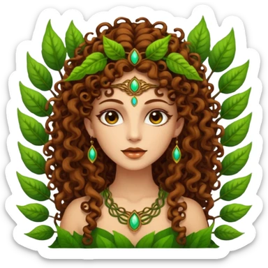 Psychedelic goddess of the forest with brown eyes , brown curly hair sticker