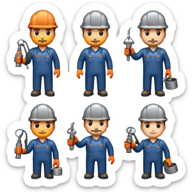 Professional custom emojis of industrial workers: welder, grinder, CNC operator, spray painter, metalworker. Modern, clean, slightly 3D style. Industrial color palette: steel gray, navy, orange. Transparent background sticker