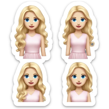 white girl, long long blonde hair, pink book in hand, white dress, blue eyes, pink lips sticker