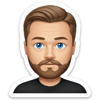 a good looking like leonardo di caprio blue eyes, beard, mustache, a black shirt sticker
