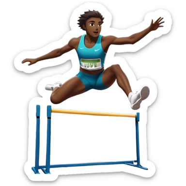 An icon of an athlete soaring over a hurdle, mid-jump, with a powerful form. The background features a vibrant stadium, with the track and hurdles in sharp focus, and a cheering crowd along the stands. The motion of the jump emphasizes speed and agility. Transparent background. sticker
