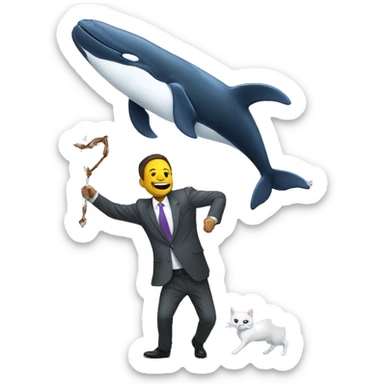 A whale CEO in a business suit being harpooned by a cat in a hoodie sticker