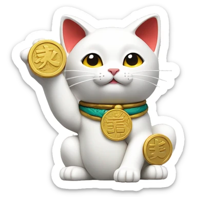 Japanese white maneki neko cat with its right arm raised and its left arm holding a golden koban coin sticker